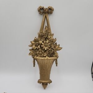Vintage Syroco Gold French Barbola Flower Basket Bow Wall Hanging Art Decor